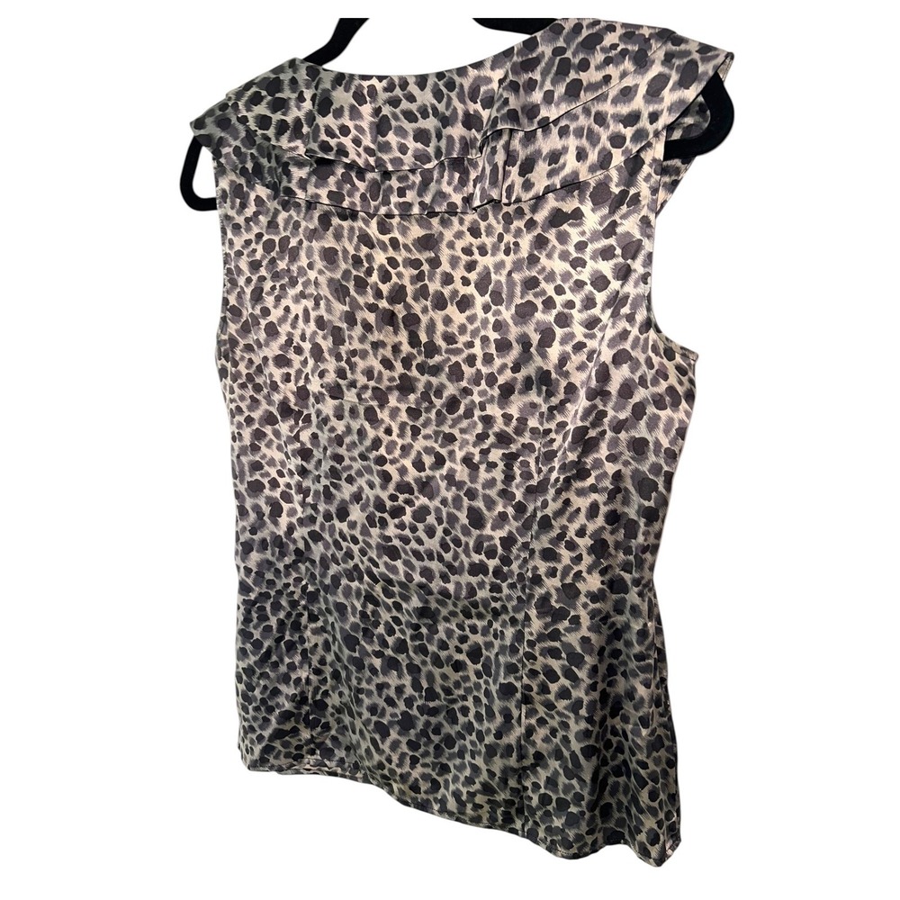 Ann Taylor Leopard Print Ruffle Silk Blend Mobwife Old Money Grey Black M - Picture 6 of 8